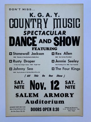 Vintage Kgay Country Concert Poster 13.  75 X 19.  5” Salem Oregon Stonewall Jackson