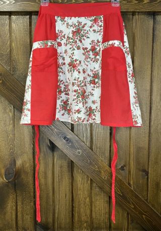 Vintage Handmade Half Apron Red And White Strawberries With Two Front Pockets