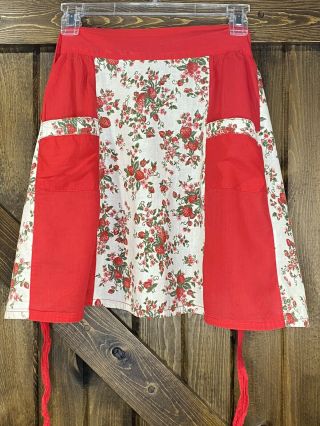 Vintage Handmade Half Apron Red And White Strawberries With Two Front Pockets 2