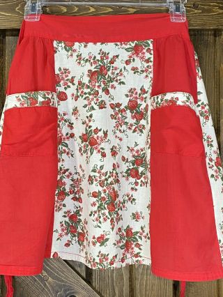 Vintage Handmade Half Apron Red And White Strawberries With Two Front Pockets 3