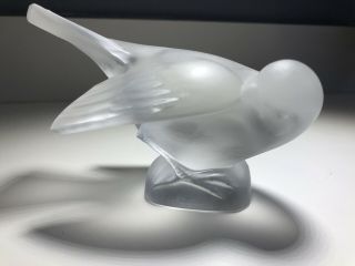 Vintage Signed Lalique Frosted Crystal Sparrow Bird Figurine With Head Tucked