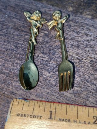Vintage Signed AIM Gold Tone Angel Fork Spoon Brooch Pin Set Estate WOW 3
