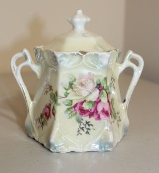 Vintage German Lusterware Sugar Bowl With Handles And Lid Rose Designs