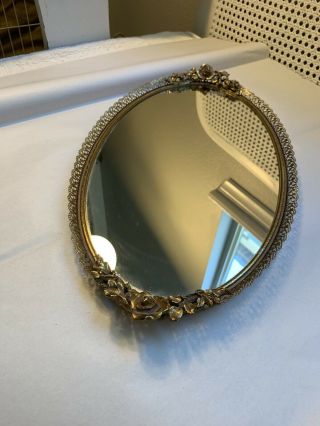 Vtg Matson Gold Gilt Vanity Dresser Oval Mirror Roses Ormolu Tray Or Mirror 7h