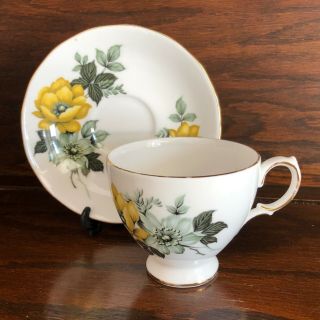 Vintage Queen Anne Tea Cup & Saucer Bone China England Yellow Floral Gold Trim