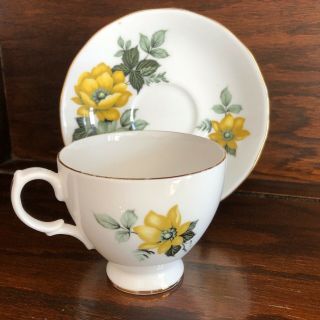 Vintage Queen Anne Tea Cup & Saucer Bone China England Yellow Floral Gold Trim 3