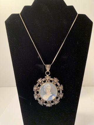Vtg Victorian Revival 800 Sterling Silver Lady Cameo Necklace / Chain