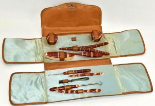 Vintage Manicure Pedicure Set Travel Grooming Kit Bakelite Handles Leather Case