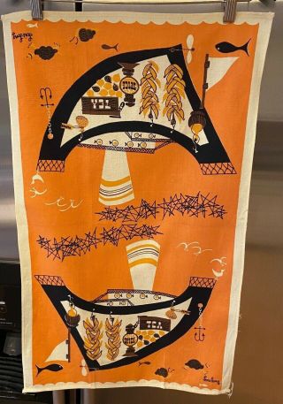 Nos Vintage Linen Tea Towel - Lois Long Orange Ship With Food And Spices,  Turtles
