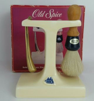 Vintage 1985 Old Spice Solid Brass Razor,  Boar Shaving Brush & Ceramic Stand