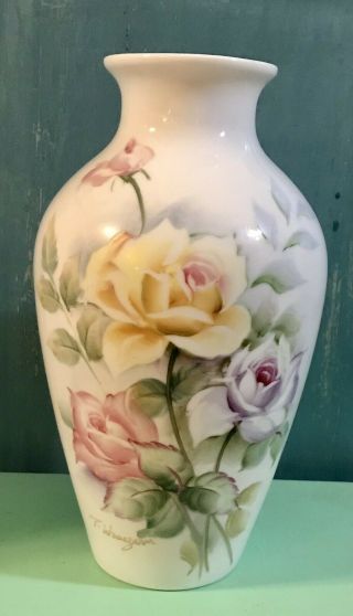 Vintage Andrea By Sadek Large 11.  5”hand Painted Vase Signed By Artist Roses