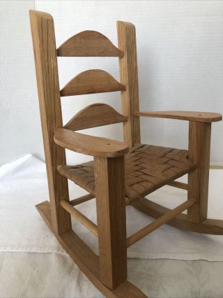Vintage 12” Tall Wooden Rocking Chair With Woven Bottom For Doll Or Bear Rocker
