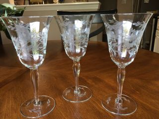 Three (3) Vintage Crystal Wine Glasses Etched Frosted Floral Pattern 7 1/2 "