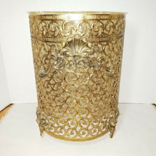 Vintage Gold Ormolu Filigree Metal Hollywood Regency Footed Ornate Trash Can Euc