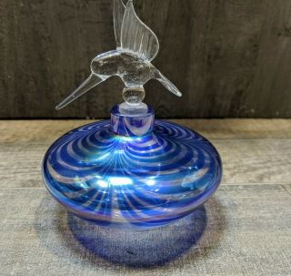 Vintage Cobalt Blue Iridescent Art Glass Perfume Bottle Hummingbird Topper