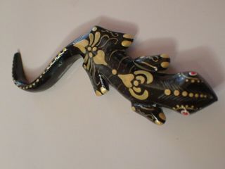 Vintage Hand Painted Wooden Salamander Pin Black & Gold