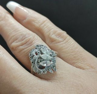 Cw Vintage Sterling Silver Victorian Style Ring Size 6.  75 Large Clear Stones