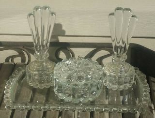 Vtg Glass Art Deco Vanity Dresser Set Tray Perfume Bottles Trinket Jar Bead Edge