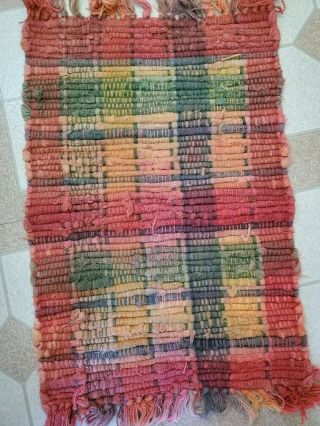 Vtg Mini Handmade Rag Rug With Red Border,  13 " W X 20 " L