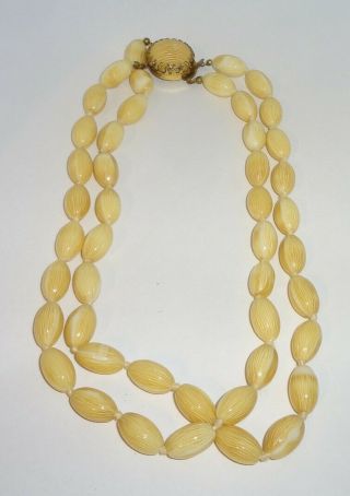Vintage Austria Faux Ivory Carved Glass Double Strand Knotted Beaded Necklace