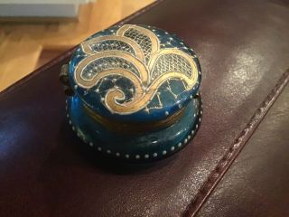 Antique Hand Painted Blue Glass Cosmetic Jar Box Case Jar Perfume