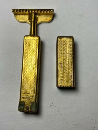 Vintage Schick Folding Travel Razor Injector Type With Cap Brass Gold Tone