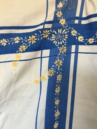 Vintage Blue & White Tablecloth With Pale Yellow Embroidered Flowers