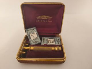 Vintage Gold Tone Gillette Safety Razor With Gilette Case And Razors