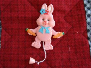 Rare Vtg Pink Easter Bunny Rabbit Plastic Jumping Jack Pull String Lapel Pin