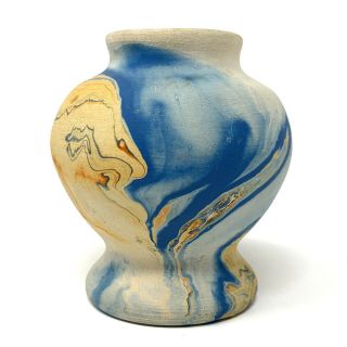 Vintage Handmade Nemadji Pottery Small Blue Orange Swirl Clay Vase Usa