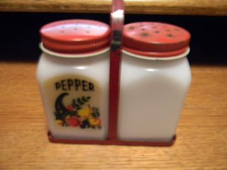Vintage Tipp? Milk Glass Salt & Pepper Shakers With Metal Stand Usa