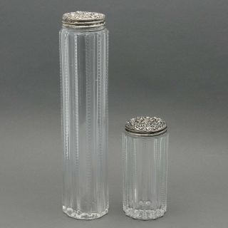 Antique Glass Zipper Pattern Dresser Jars Sterling Silver Floral Repousse Lids