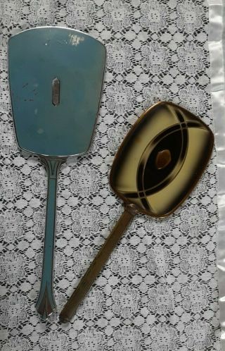 - Art Deco - Vtg 2 Antique Beveled Glass Hand Held Mirror Brass Vanity