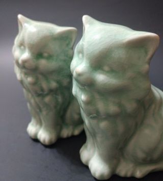 Cat Figurine Set Of 2 Blue Green Crackle Glaze Ceramic Sitting Long Hair Vintage