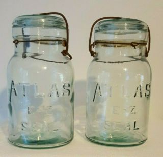 2 Vintage Atlas E - Z Seal Blue Quart Canning Jars With Wire Bails & Lids