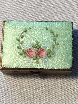Antique Vintage Brass Metal Pill Box With Enamel Lid