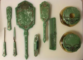 12 Piece Vintage Green/gold/black Art Deco Vanity Accessories Set