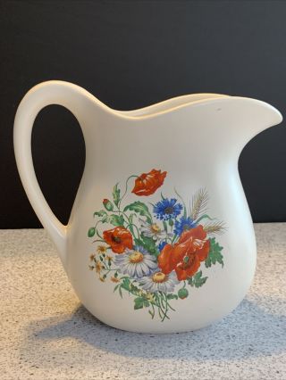 Vintage Mccoy White Clay Pitcher Red Poppies Floral Pottery Vase 365