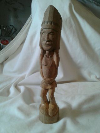 Vintage Hand Carved Wood Folk Art Native American Indian Man Head Dress 10 1/2 "