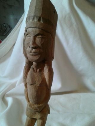 Vintage Hand Carved Wood Folk Art NATIVE AMERICAN INDIAN Man Head Dress 10 1/2 