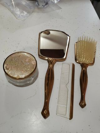 Vintage - Gold Floral Handheld Mirror And Hair Brush Set -