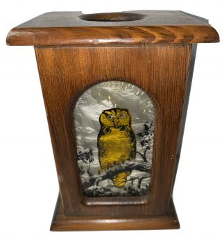Vintage Wood Box Stained Glass Owl Candle Holder Wall Tabletop