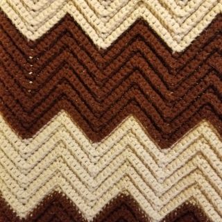 Vtg Hand Knitted Afghan Chevron Stripe Brown Beige Fringe Throw Blanket 59 X 71