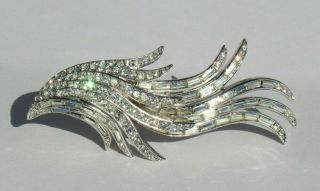 Vtg 1950s Signed Crown Trifari Crystal Feather Brooch Silver Metal Frame 2 3/4 "