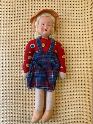 Vintage Antique Polish Doll 11 " With Hat And Dress Cloth Doll Celluloid (?) Face
