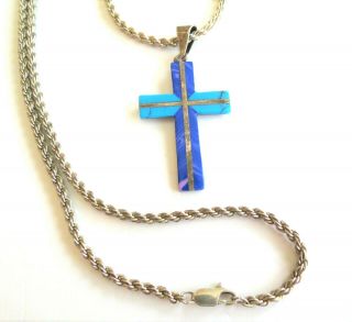 Vtg Taxco Tb 176 Sterling Silver Mexico Cross Pendant & 925 Chain Inlay 22.  2 Gms
