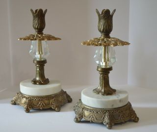 Vintage Hollywood Regency Lucite Brass Marble Candle Holder Set