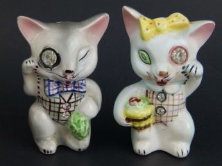 Vintage Lefton Japan Kitty Cats Kittens Salt & Pepper Shakers Jeweled Eyes