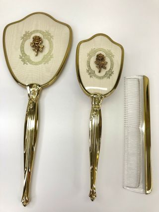 Vintage 3 Piece Vanity Dresser Set Comb Brush Mirror Gold Colour Rose Design Usa