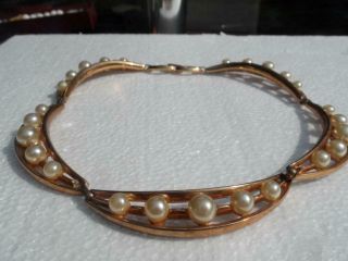 Vintage Signed Trifari Collar Necklace Gold Tone Faux Pearl Pat.  Pending